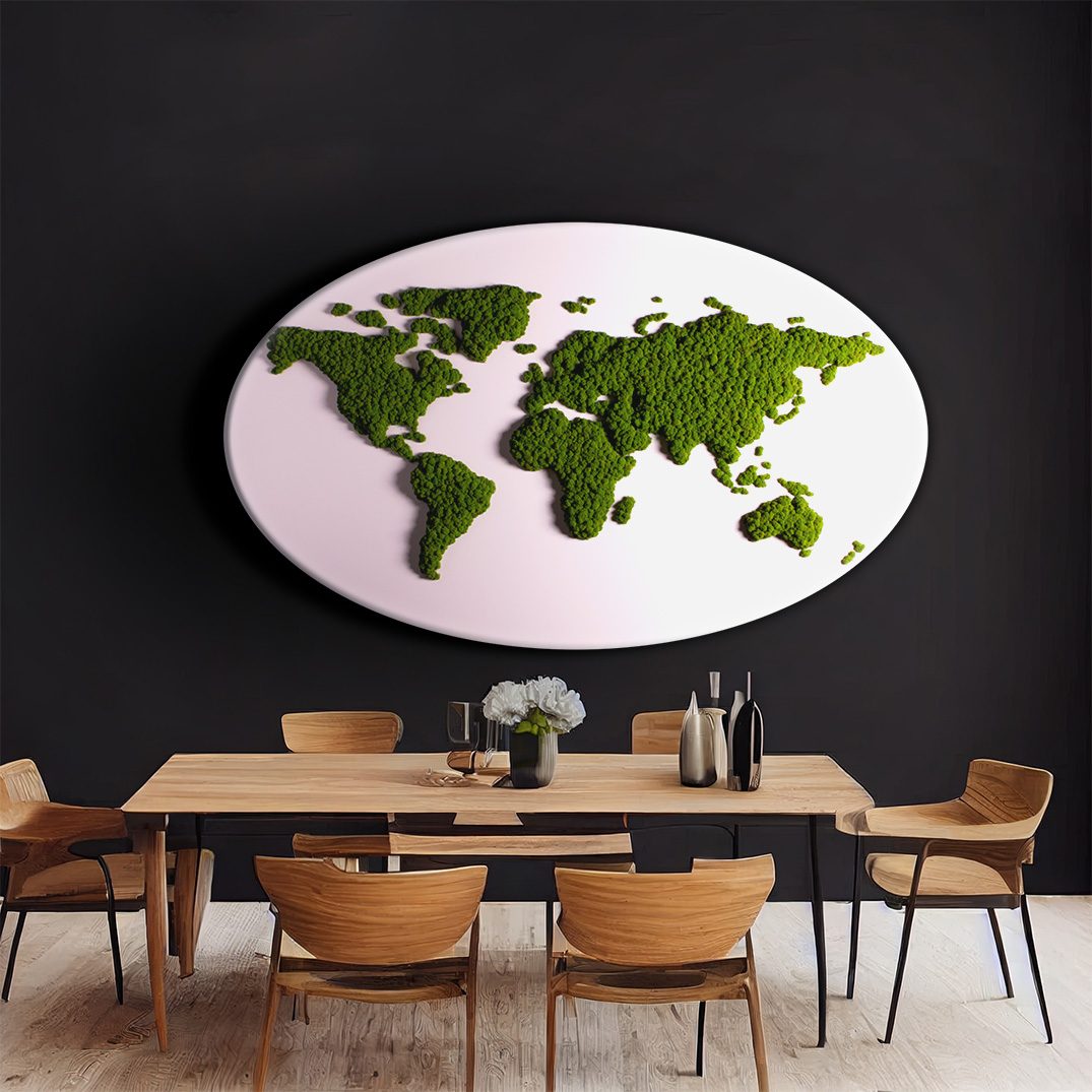 Moosbild Weltkarte Islandmoos apfelgrün oval 200 x 121 cm auf Pappelholz weiß lackiert - 1