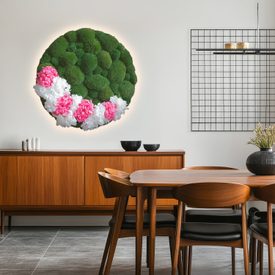 Moosbild mit Ballenmoos, Hortensien & LED-Beleuchtung