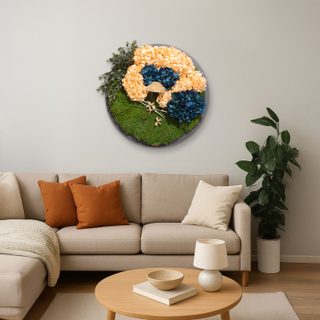 Moosbild Bärenfell mit Hortensien light Orange & Blue